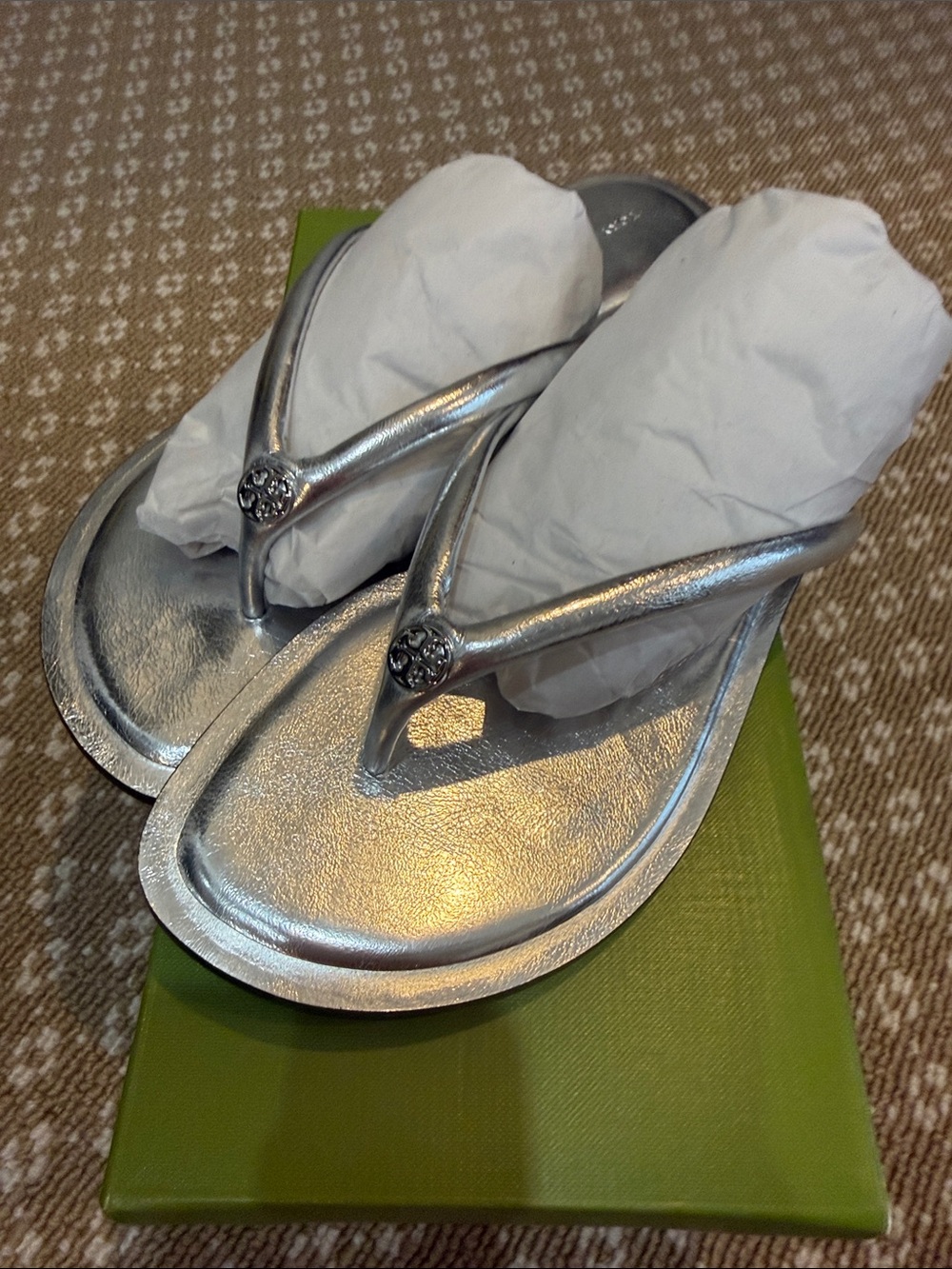 Tory Burch Metallic Silver Logo Flip Flop Sandals